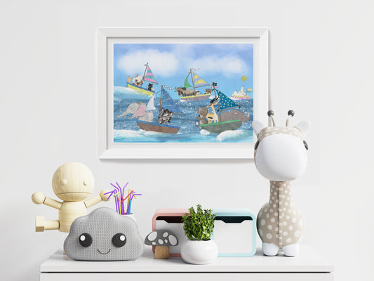 Nautical Nursery Print, Animal Adventure Nursery Art Print, Whimsical Animal Art, Sailing, Nautical Children's Wall Art, Whimsical Art Print, Nautical Nursery Art