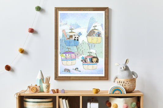 Mountain Nursery Print, Animals Skiing and going up in cable car. Snowy Mountain Scene