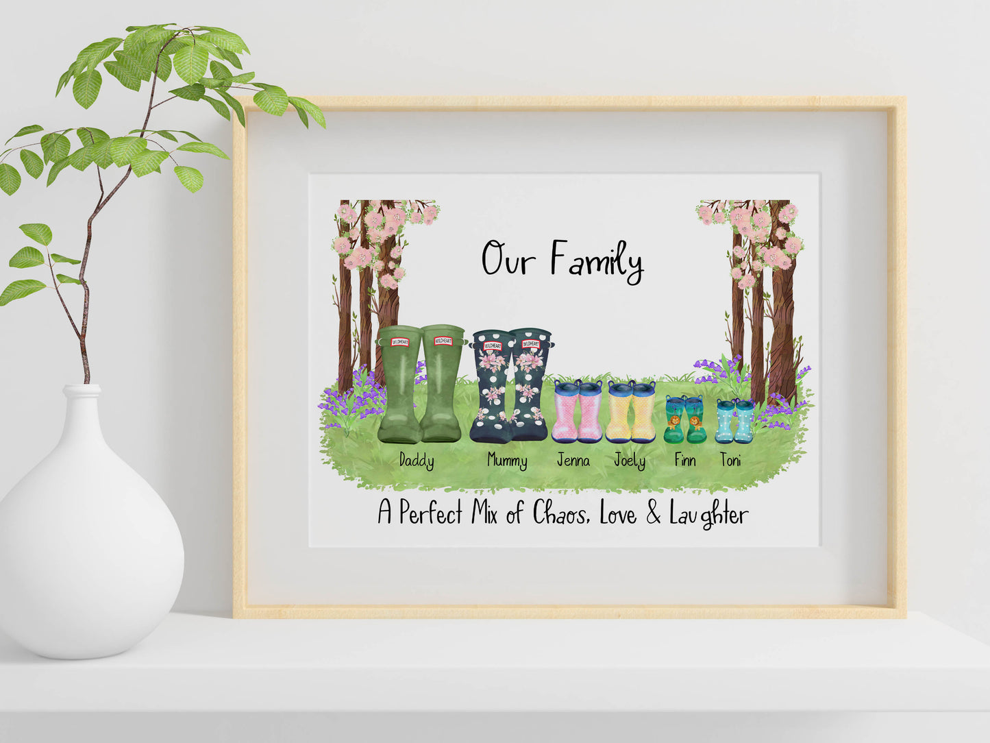 Welly Boot Family Print, Personalised Gift, Gift for Her or him, Personalised Family Gift, Classic Welly Family Print With Different Seasons